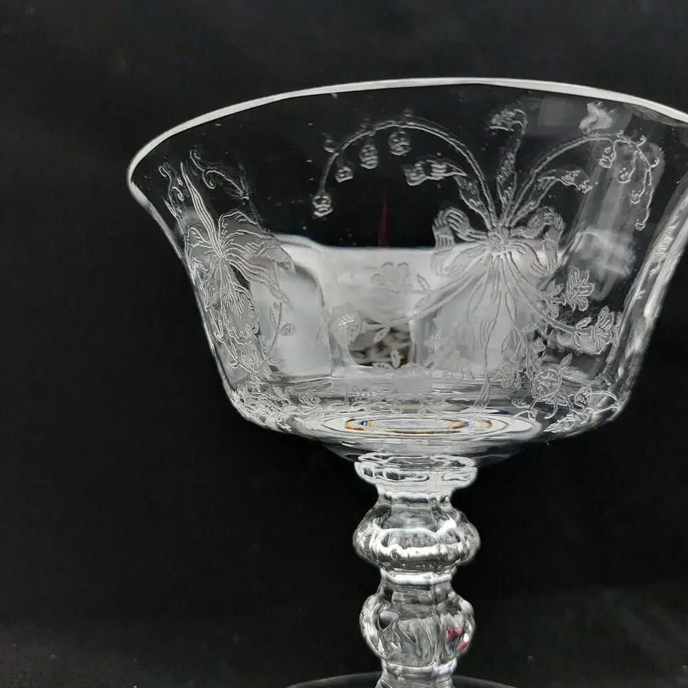 Vintage Heisey Orchid Etched Crystal Low Sherbet Champagne Coupe Glasses Set 3